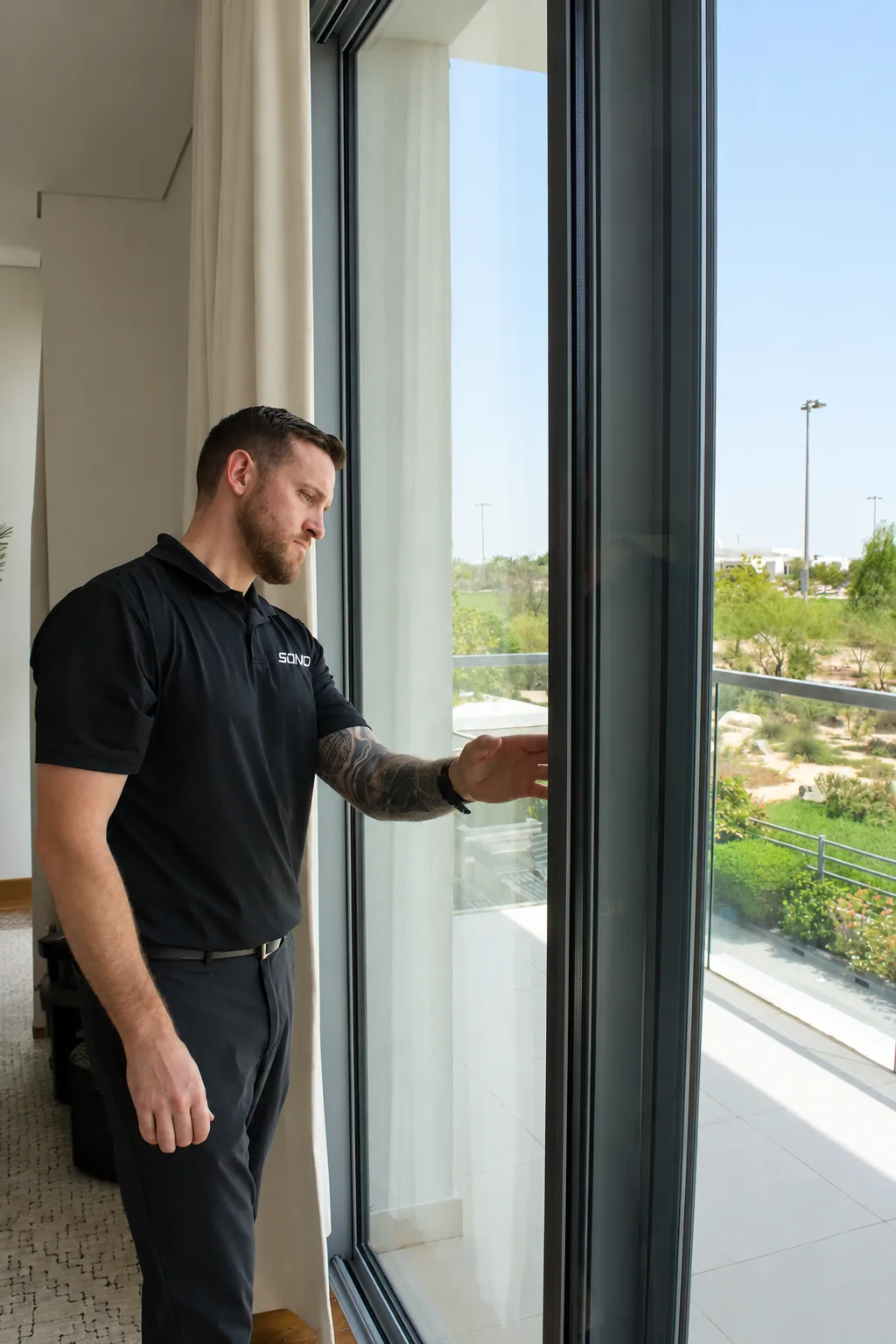 A SONO specialist checking a full-height sliding door in a Dubai villa
