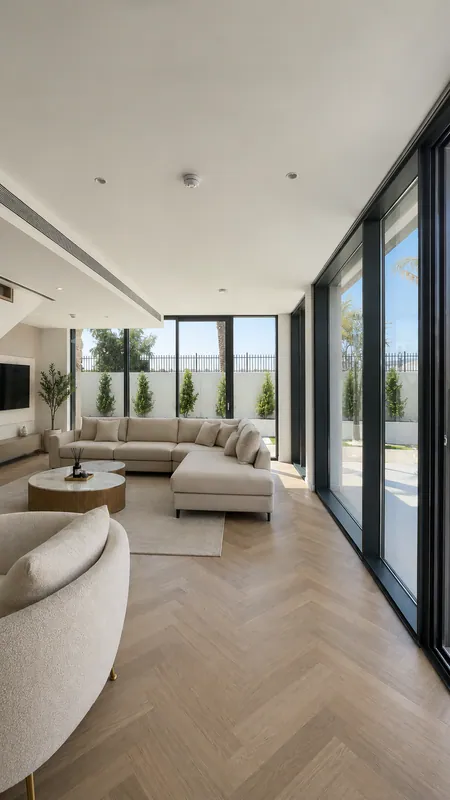 Living room with floor-to-ceiling glazing, Arabian Ranches villa