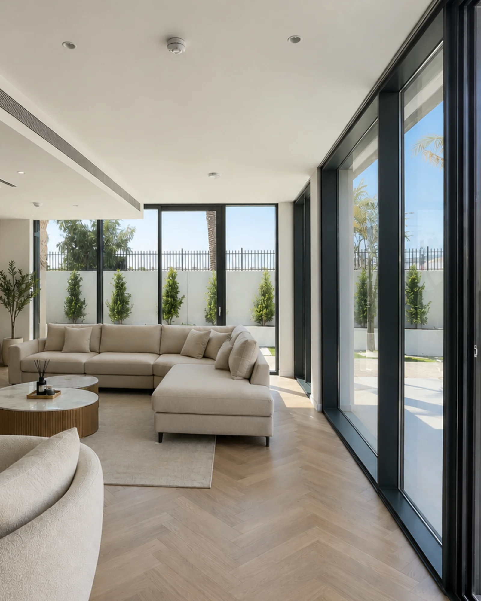 Living room with floor-to-ceiling glazing, Arabian Ranches villa