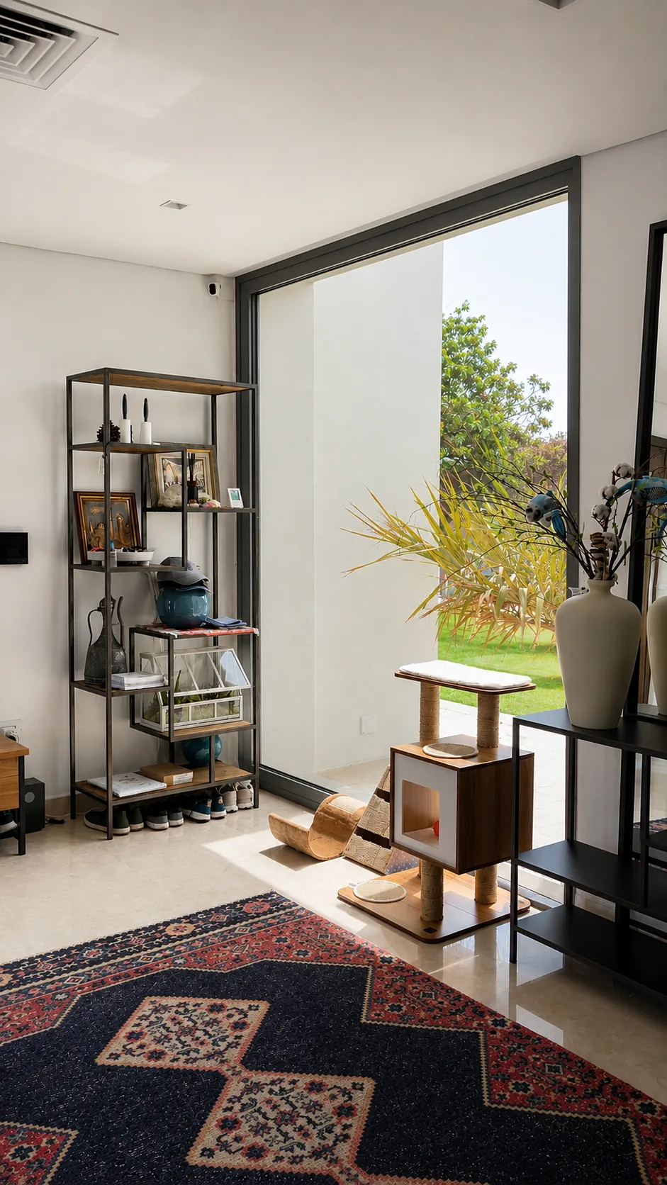 Sliding door onto the garden beside open shelving, Yas Acres villa